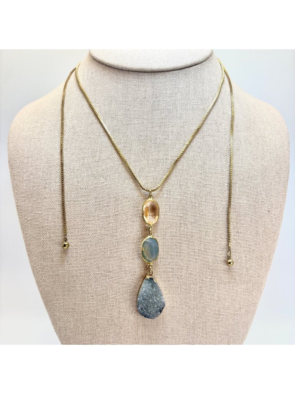 Natural Quartz Druzy Lariat Pendant Pink Blue Silver Plated Adjustable 18-30"